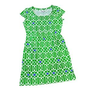 Jude Connally‎ Dress M Green White Geometric Print Short Sleeve Resort Preppy